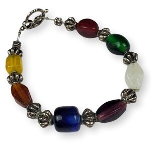 COLORFUL Glass Bead Bracelet Jewel Tone Bohemian Multicolor Toggle Clasp 8.5"